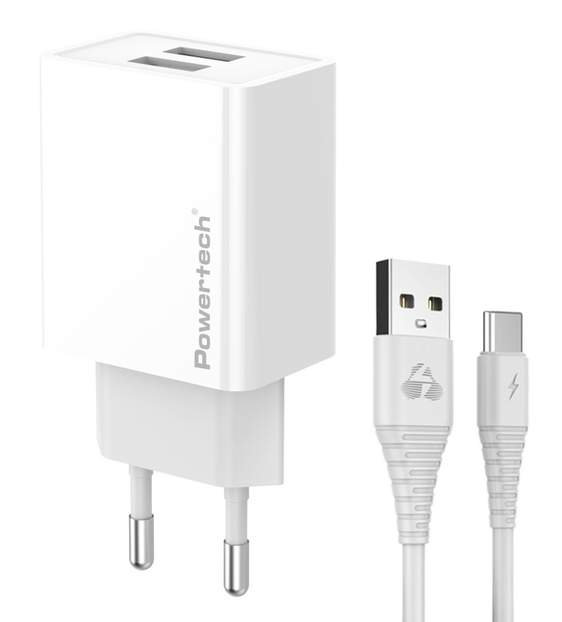 POWERTECH φορτιστής τοίχου  με καλώδιο USB-C, 2x USB, 12W, λευκός 7312