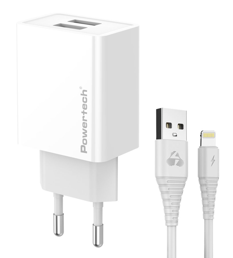 POWERTECH φορτιστής τοίχου  με καλώδιο Lightning, 2x USB, 12W, λευκός 7313