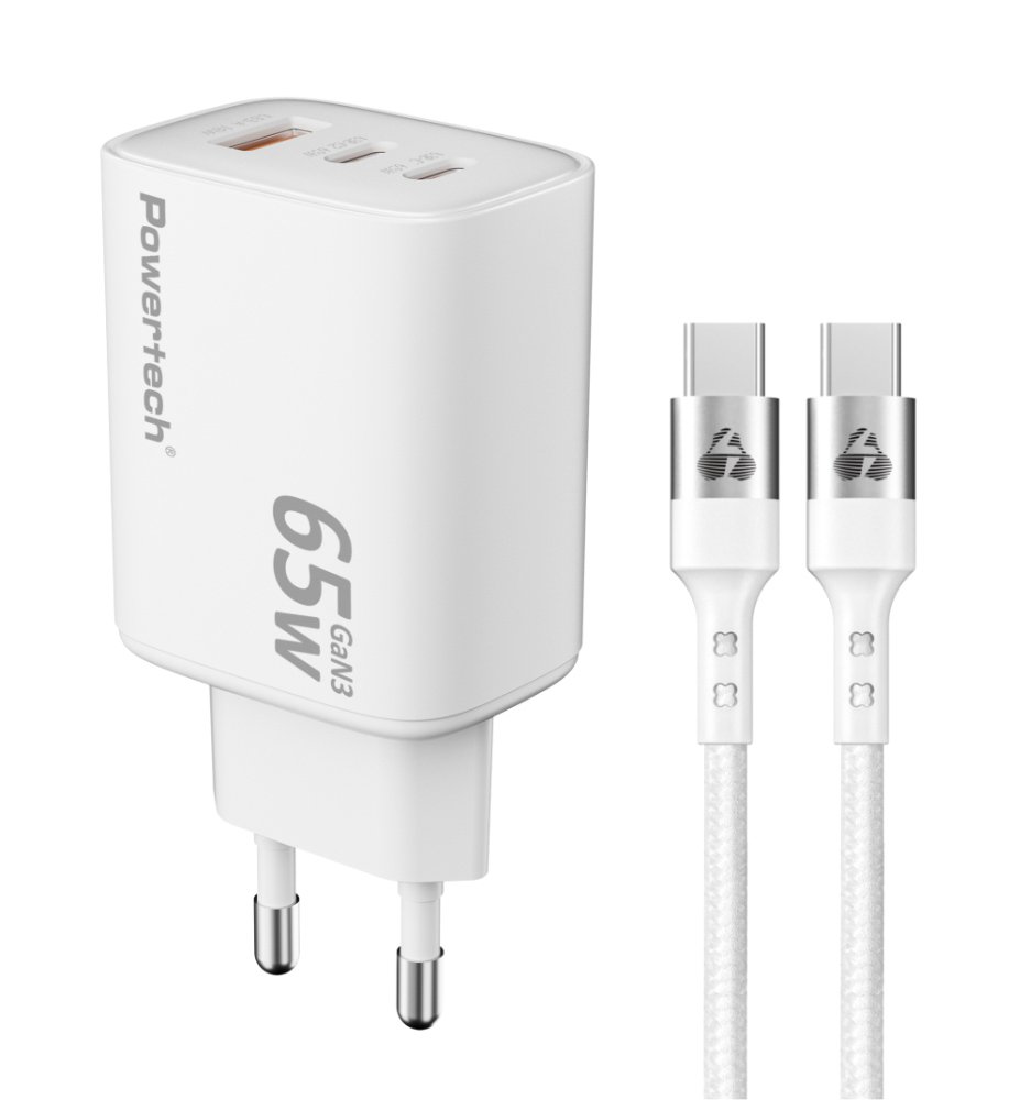 POWERTECH φορτιστής τοίχου  με καλώδιο, USB/2x USB-C, 65W, GaN, λευκός 8221