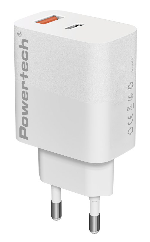 POWERTECH φορτιστής τοίχου , USB/USB-C, 20W, GaN, λευκός 8479