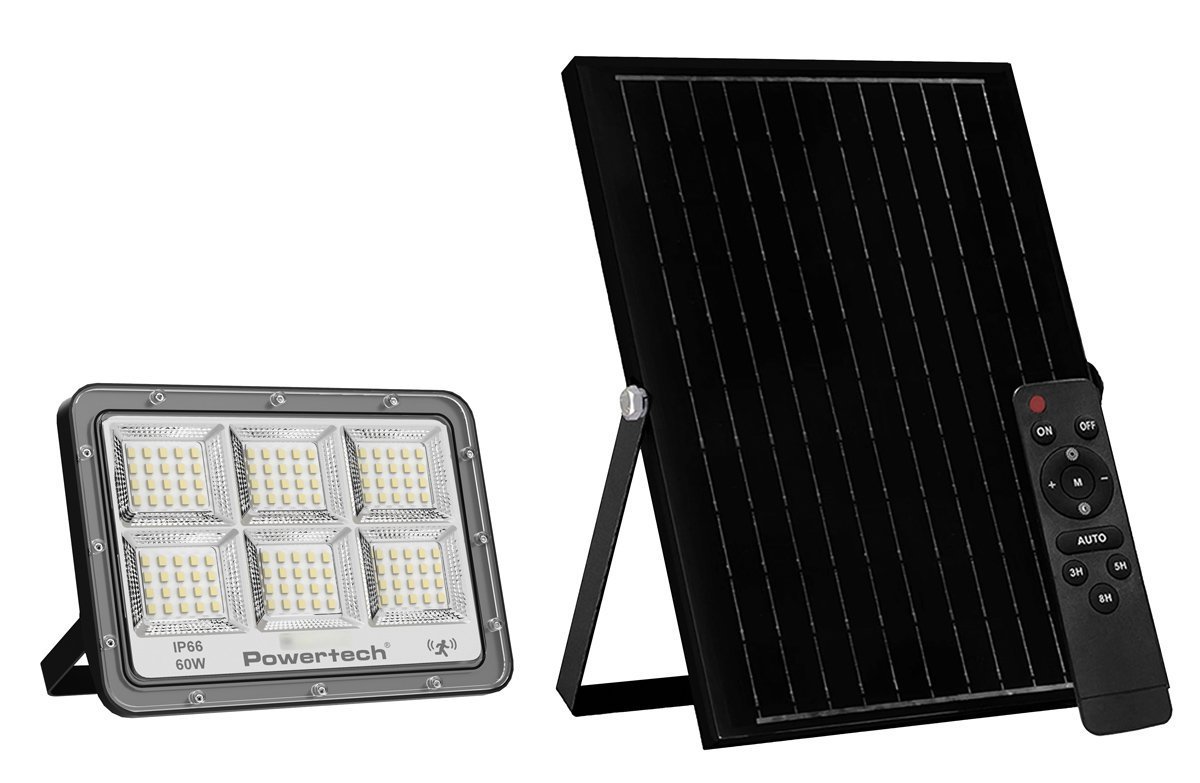 POWERTECH LED ηλιακός προβολέας  με τηλεχειριστήριο, αισθητήρας κίνησης, 60W, 4000K, 750lm, IP66 8783