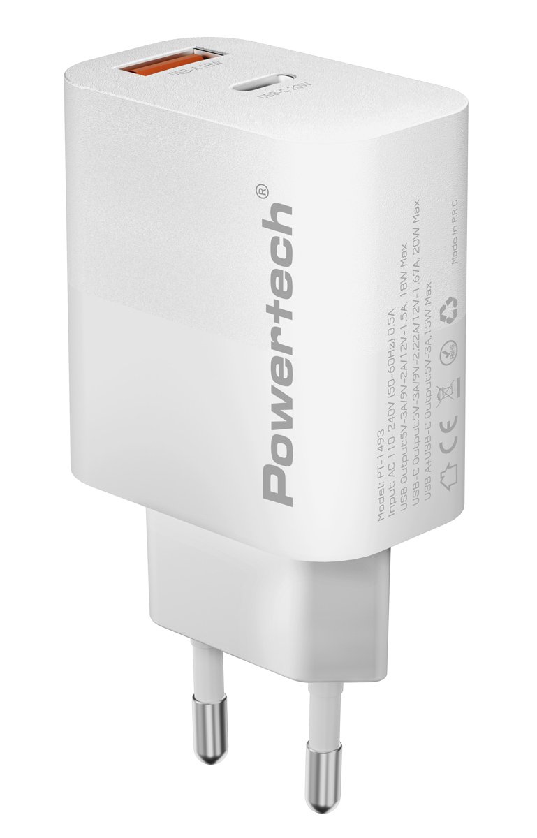POWERTECH φορτιστής τοίχου , USB/USB-C, 20W, λευκός 8839