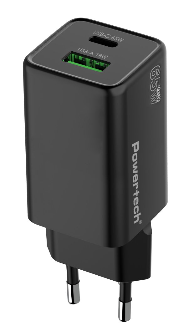 POWERTECH φορτιστής τοίχου , USB/USB-C, 65W, GaN, μαύρος 9041