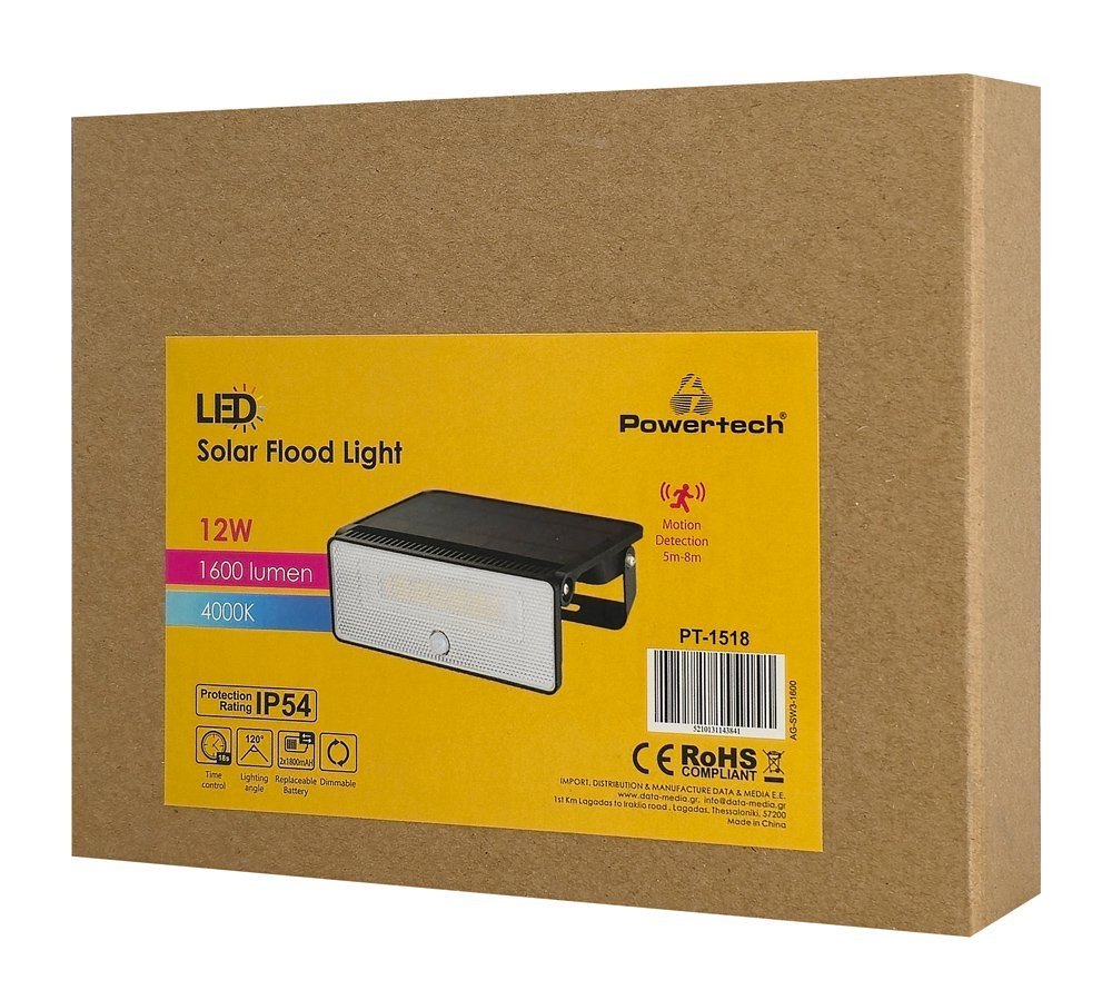 LED iliako fotistiko me aisthitira kinisis, 12W, 3600mAh, mayro 9180 Aisthitiras kinisis