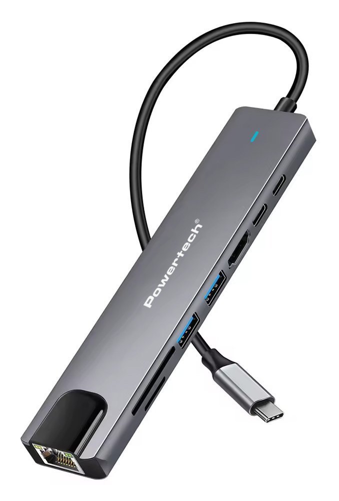 POWERTECH docking station , 8 θυρών, USB-C σύνδεση, 100W PD, 1000Mbps, γκρι 9359