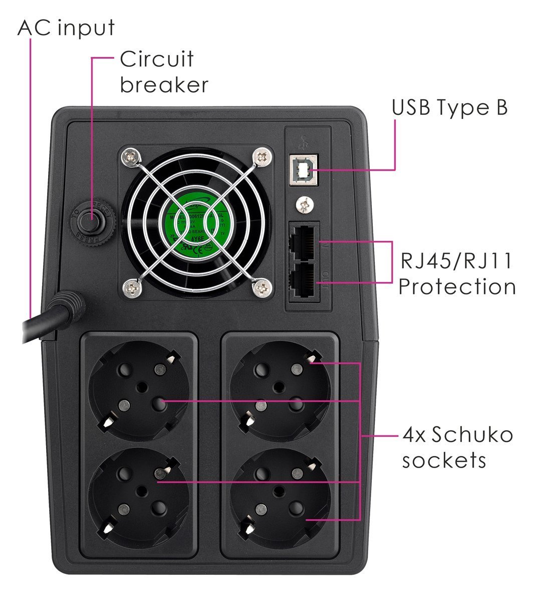 POWERTECH UPS Line Interactive με οθόνη, 1800VA, 1080W, 4x Schuko, 2x RJ45/RJ11, USB Type B 7060 - Image 2