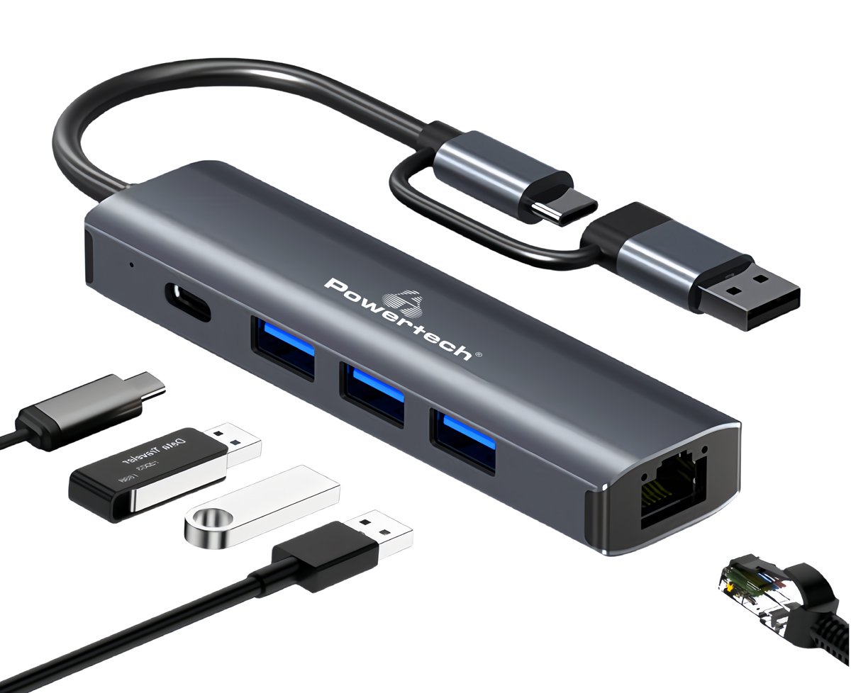 POWERTECH USB hub με θύρα δικτύου, 4 θυρών, USB & USB-C, γκρι 5120 - Image 2