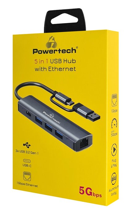 POWERTECH USB hub με θύρα δικτύου, 4 θυρών, USB & USB-C, γκρι 5120 - Image 3