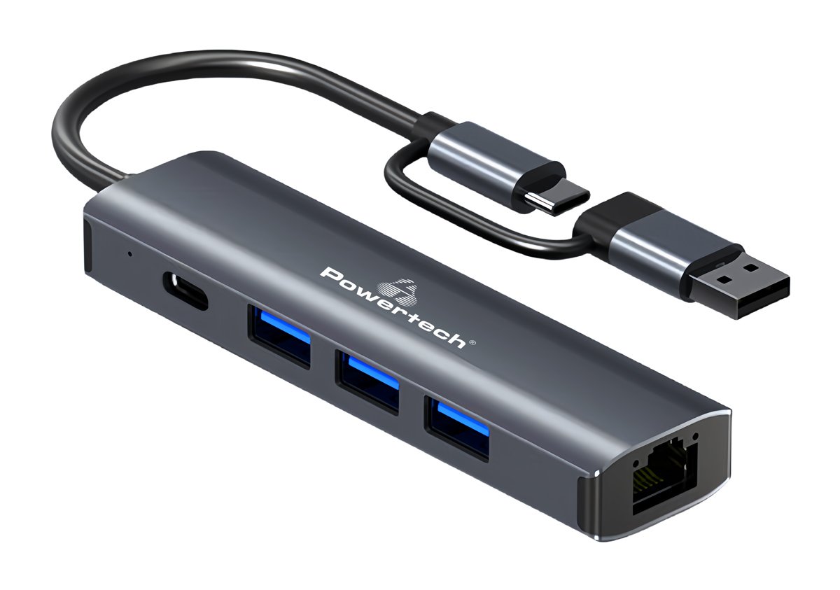 POWERTECH USB hub  με θύρα δικτύου, 4 θυρών, USB & USB-C, γκρι 5120