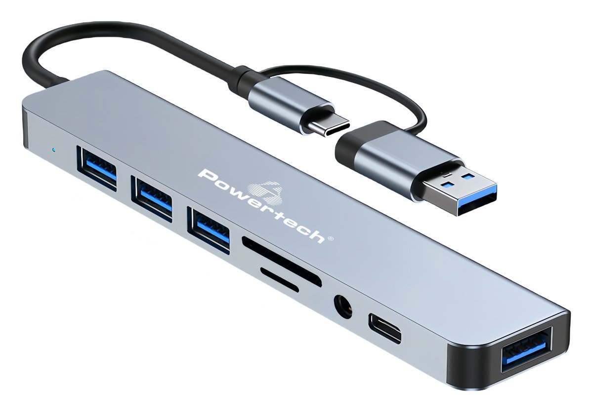 POWERTECH USB hub  με card reader, 8 θυρών, USB & USB-C, γκρι 5121