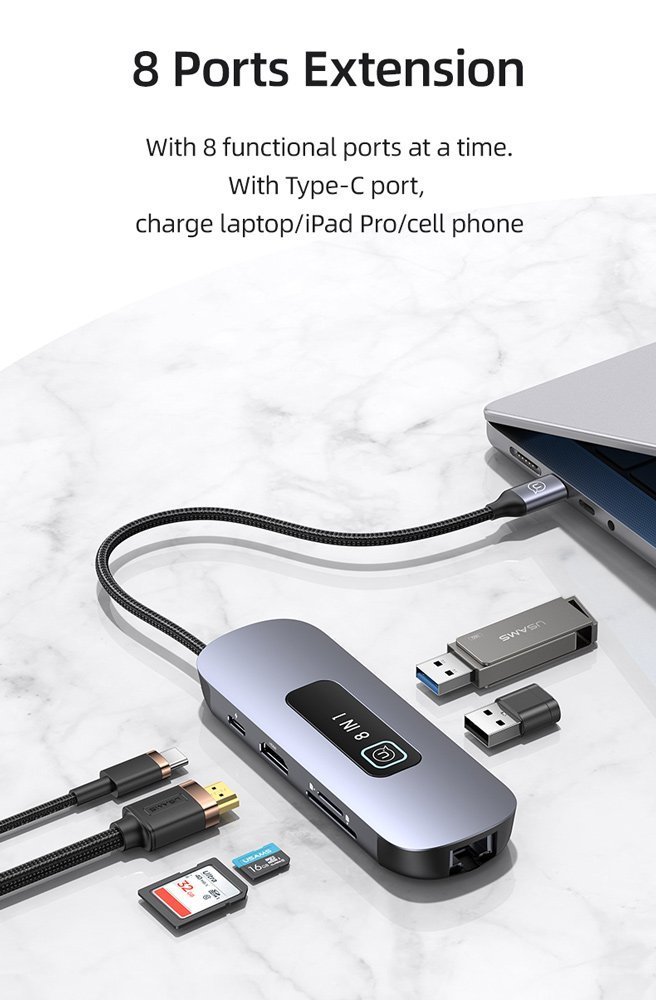USAMS docking station US-, 8 θυρών, USB-C, 4K, 100W PD, LAN, γκρι 6076 - Image 2