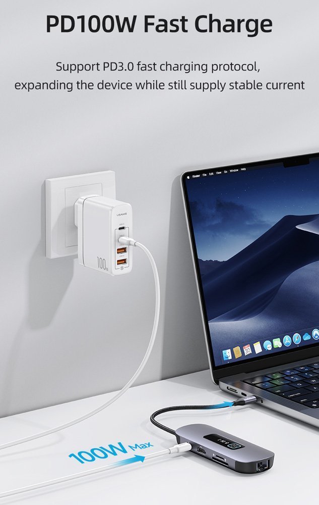 USAMS docking station US-, 8 θυρών, USB-C, 4K, 100W PD, LAN, γκρι 6076 - Image 4