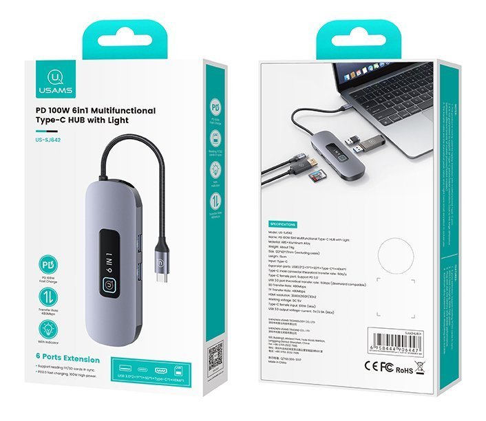 USAMS docking station US-, 8 θυρών, USB-C, 4K, 100W PD, LAN, γκρι 6076 - Image 9
