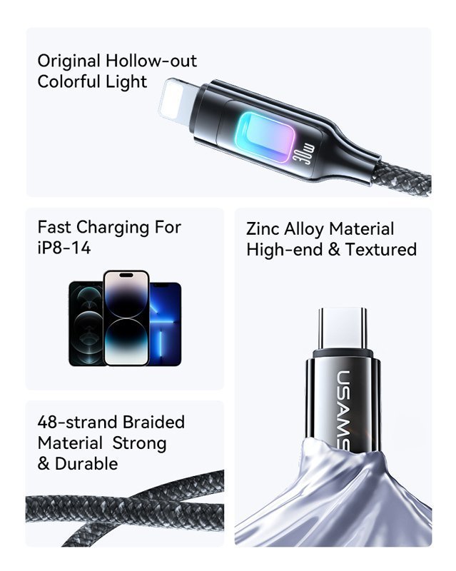 USAMS καλώδιο Lightning σε USB-C , 30W, 480Mbps, 1.2m, λευκό 8069 - Image 2