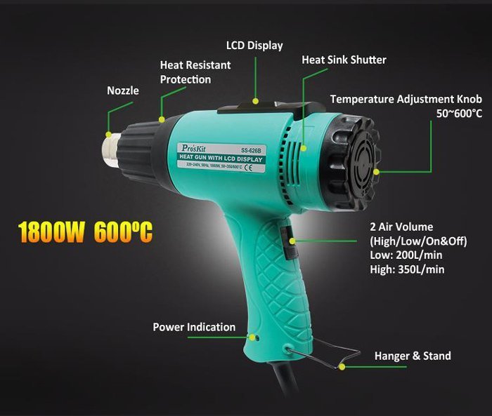 PROSKIT πιστόλι θερμού αέρα με οθόνη, 1800W, 50~600 °C 6484 - Image 3