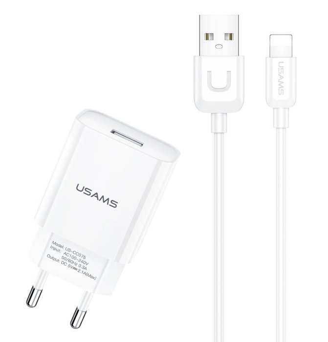 USAMS φορτιστής τοίχου με καλώδιο Lightning, USB 2.1A, λευκός 4923