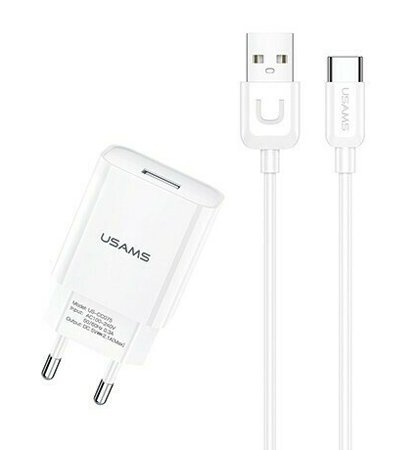 USAMS φορτιστής τοίχου με καλώδιο USB-C, USB 2.1A, λευκός 4925