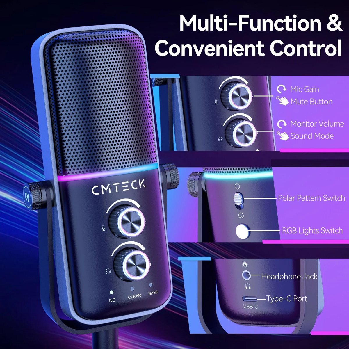 epitrapezio mikrofono, omnidirectional/kardioeides, USB, RGB LED, mayro 8814 USB 6