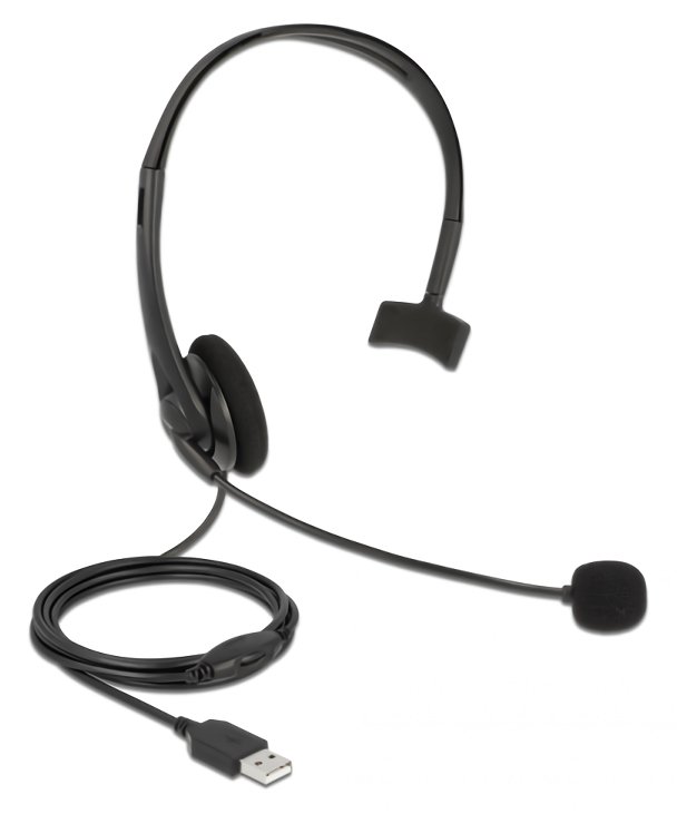 DELOCK headphones με μικρόφωνο , mono, USB, volume control, μαύρα 2986