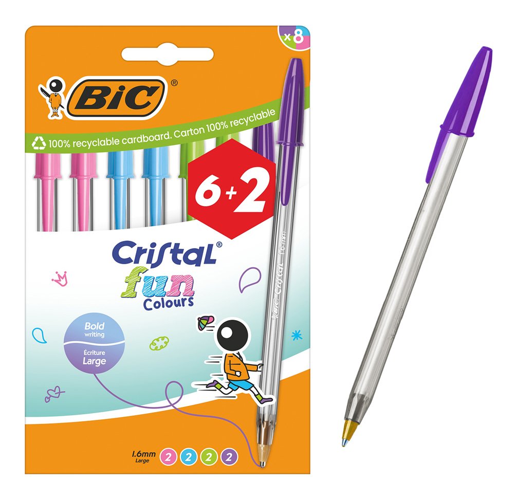 stylo diarkeias ballpoint Cristal Fun Colours, 1.6mm myti, diafora chromata, 8tmch Stylo 1