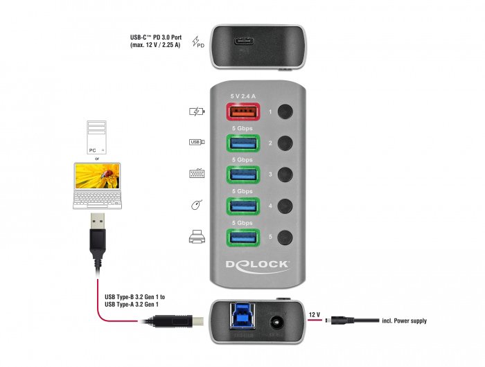 DELOCK USB hub με διακόπτες, 6x θυρών, 5Gbps, 12V/2.25A PD, γκρι 2712 - Image 2