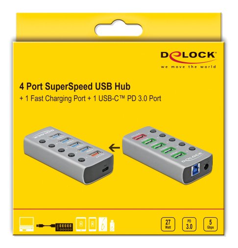 DELOCK USB hub με διακόπτες, 6x θυρών, 5Gbps, 12V/2.25A PD, γκρι 2712 - Image 3
