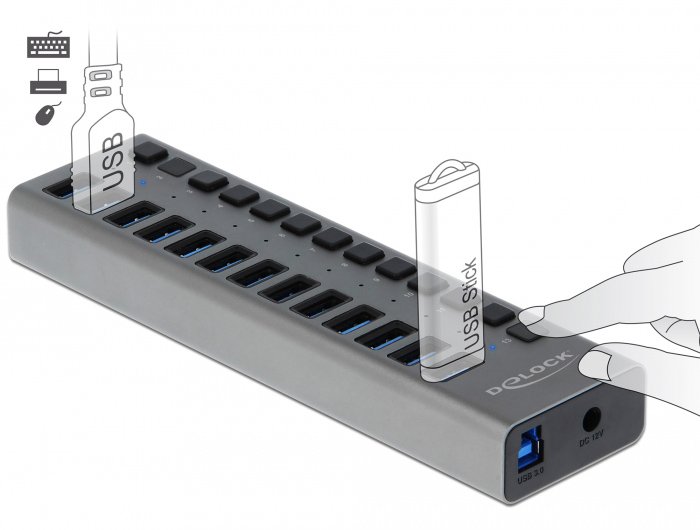 DELOCK USB hub με διακόπτες, 13x θυρών, 5Gbps, γκρι 3073 - Image 2