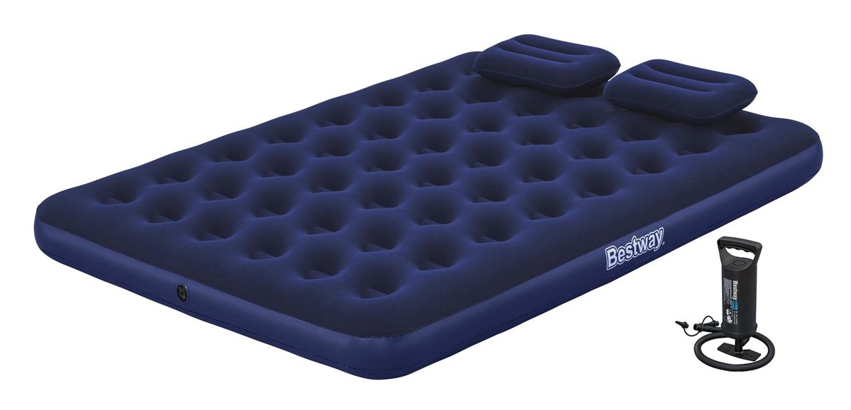 BESTWAY φουσκωτό στρώμα 67374 με τρόμπα & 2x μαξιλάρια, διπλό, 203x152x22cm, μπλε