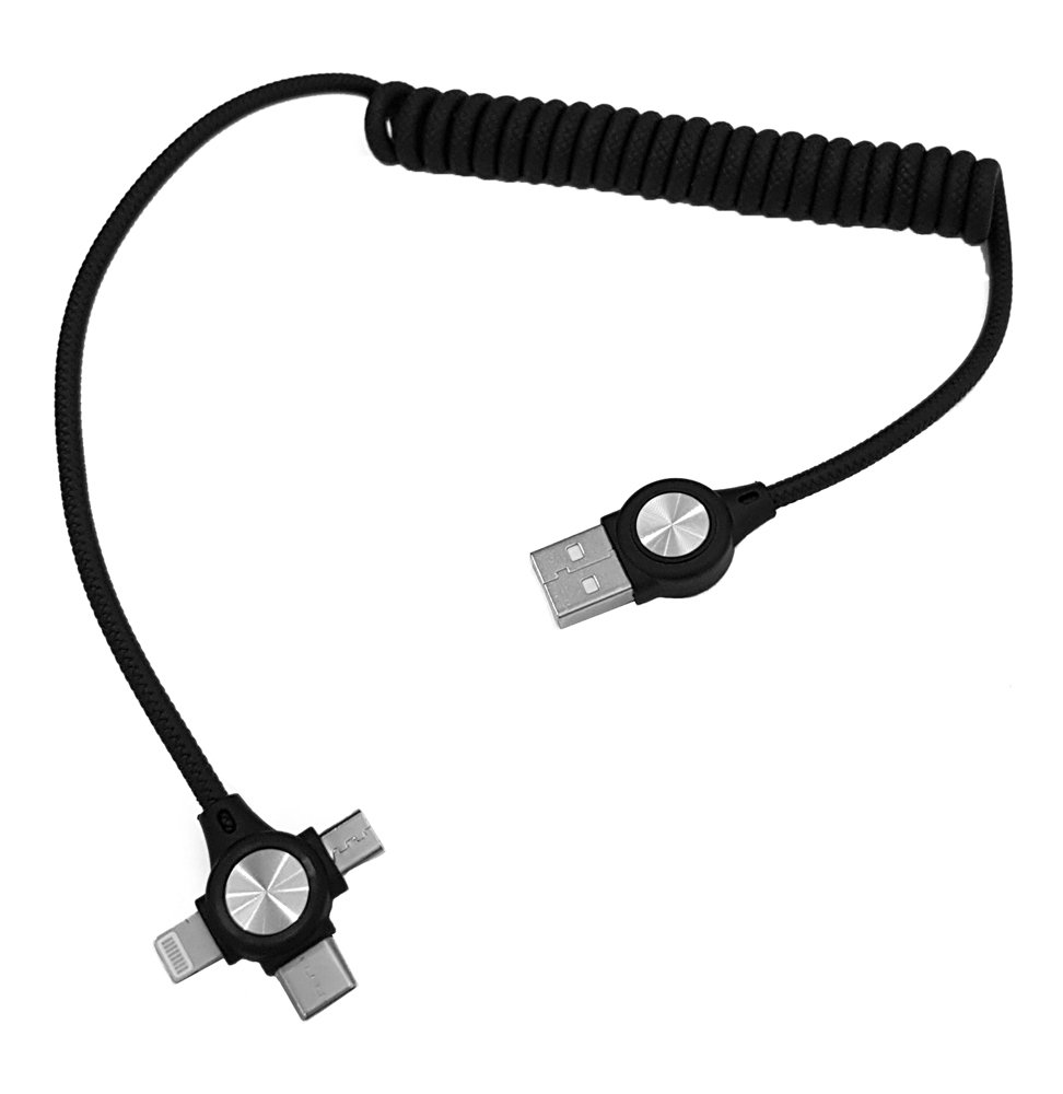 POWERTECH καλώδιο USB σε 3 in 1 , 12W, σπιράλ, έως 1m, μαύρο 1160