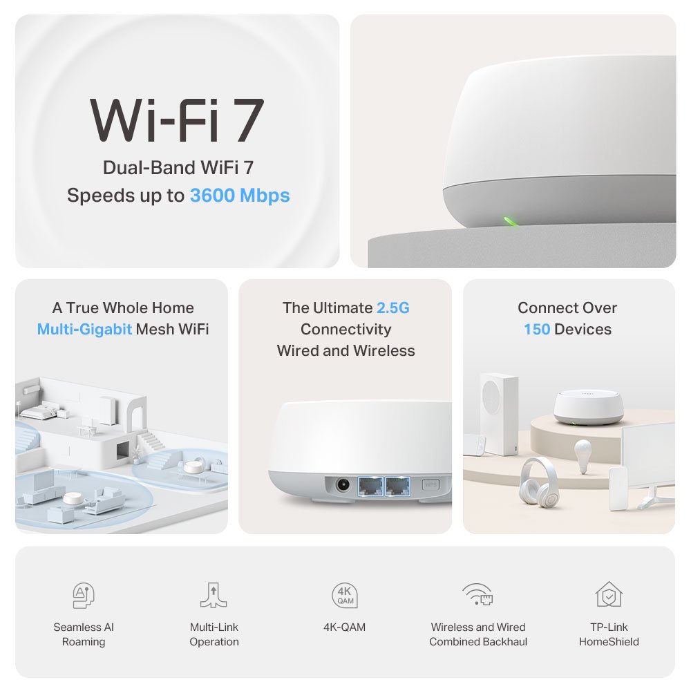 Home Mesh WiFi 7 System Deco BE25, 3600Mbps VE3600, V1.0 Mesh 3