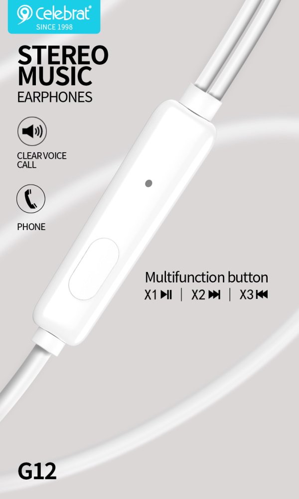 CELEBRAT earphones με μικρόφωνο , 3.5mm σύνδεση, Φ14.2mm, 1.2m, λευκό 1816 - Image 3