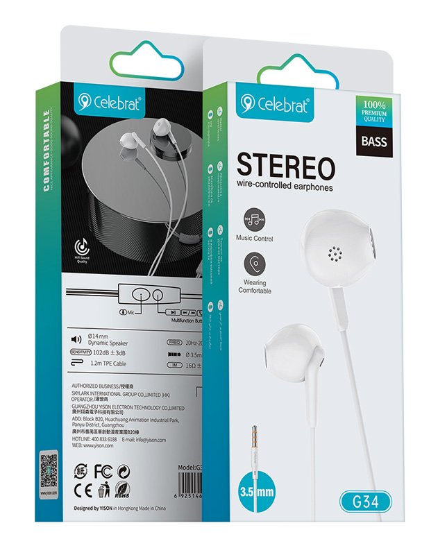 earphones me mikrofono G34, 3.5mm syndesi, 14mm, 1.2m, leyka 3.5mm