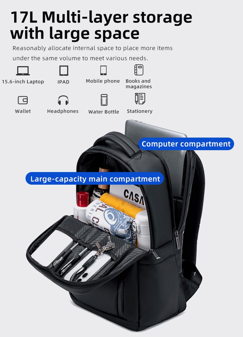 GOLDEN WOLF τσάντα πλάτης GB00731 με θήκη laptop 15.6", 17L, μαύρη - Image 3