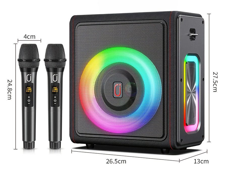 forito icheio MS75 me 2x mikrofona & asyrmato cheiristirio, 15W, 6000mah, RGB fotismos, mayro Karaoke