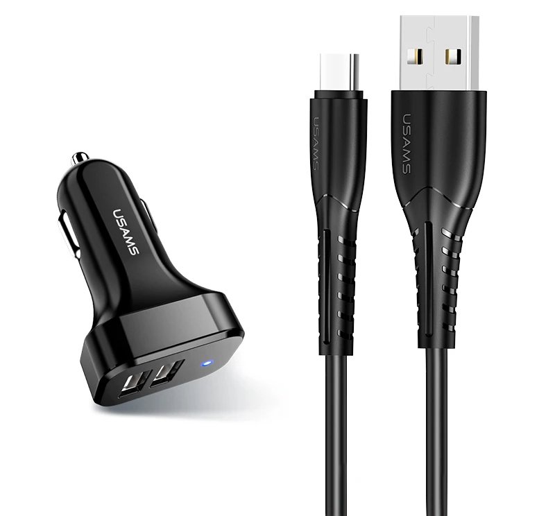 USAMS φορτιστής αυτοκινήτου C13 & καλώδιο type-C, 2x USB, 2.1A, μαύρο 1501