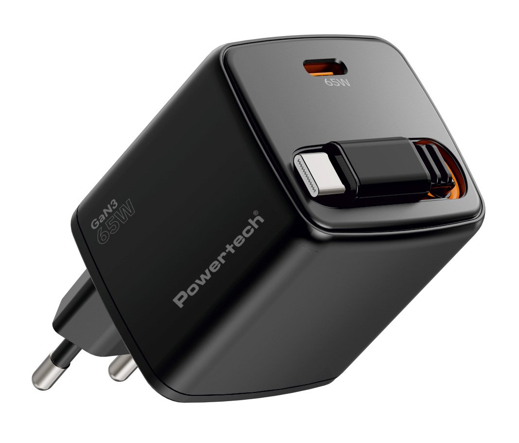 fortistis toichoy me ptyssomeno kalodio, USB-C, 65W, GaN, mayros 1