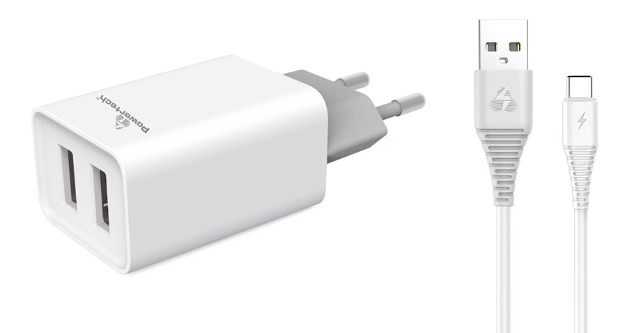 POWERTECH φορτιστής τοίχου με καλώδιο USB-C, 2x USB, 2.1A, λευκό 1271