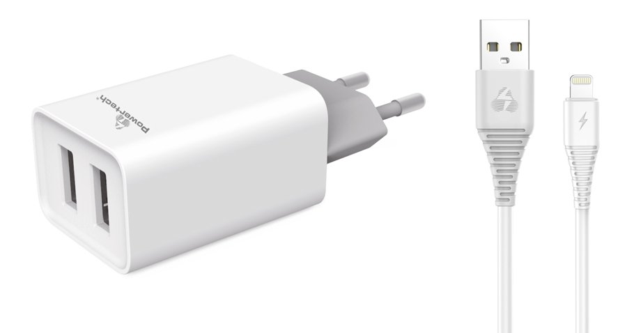 POWERTECH φορτιστής τοίχου , καλώδιο Lightning, 2x USB 2.1A, λευκό 1272
