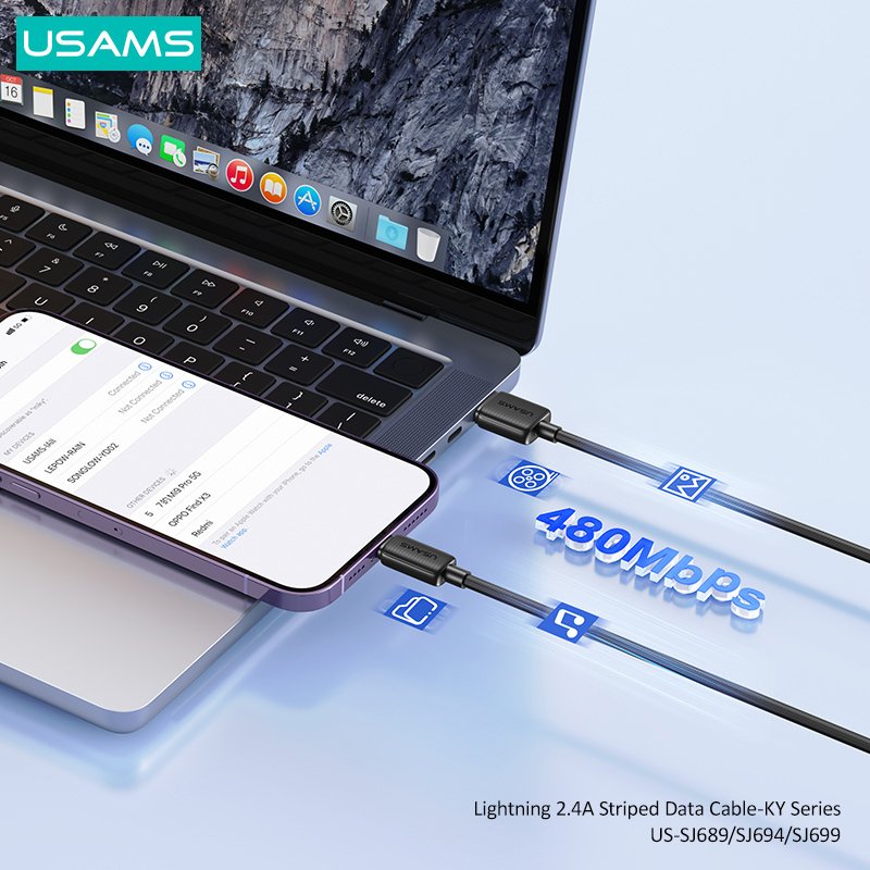USAMS καλώδιο Lightning σε USB US-SJ694, 2.4A, 480Mbps, 2m, λευκό - Image 3