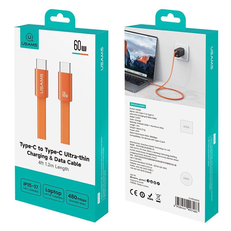 kalodio USB-C, 60W, 480Mbps, flat, 1.2m, portokali 60 watt