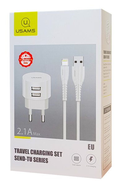 USAMS φορτιστής τοίχου T20 & καλώδιο Lightning, 2x USB, 2.1A, λευκός 1491 - Image 5
