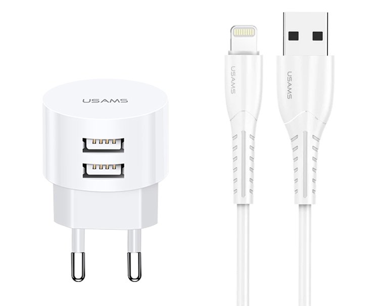 USAMS φορτιστής τοίχου T20 & καλώδιο Lightning, 2x USB, 2.1A, λευκός 1491