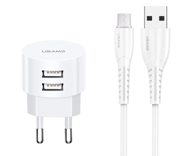 USAMS φορτιστής τοίχου T20 & καλώδιο Micro USB, 2x USB, 2.1A, λευκός 1492