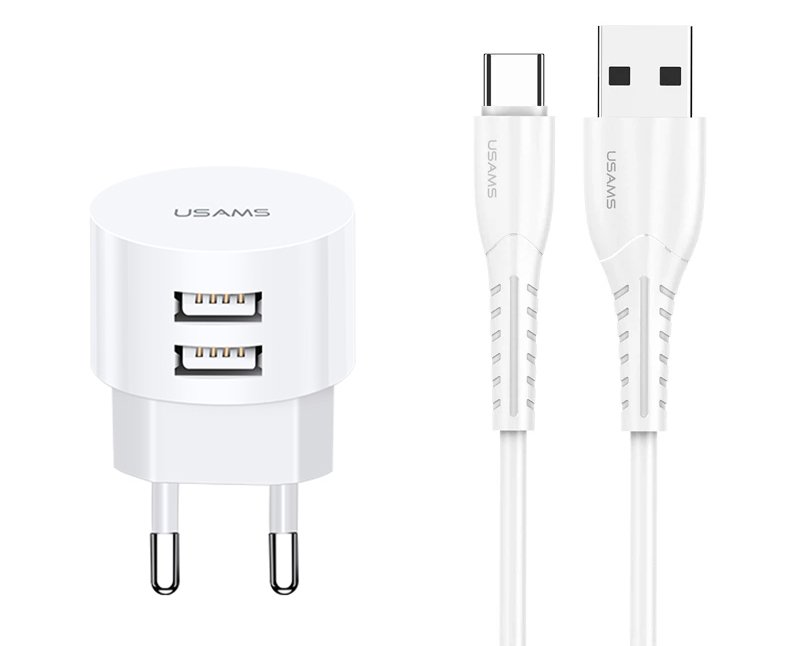 USAMS φορτιστής τοίχου T20 & καλώδιο type-C, 2x USB, 2.1A, λευκός 1493