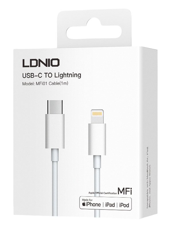 LDNIO καλώδιο Lightning σε USB-C MFi01, MFi, 30W, 480Mbps, 1m, λευκό - Image 5