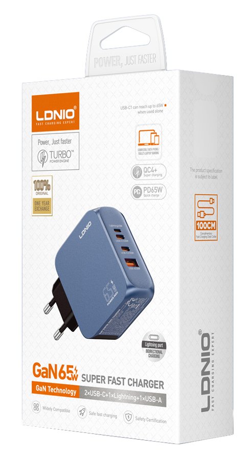 LDNIO φορτιστής τοίχου Q7 με καλώδιο USB-C, USB/Lightning/2x USB-C, GaN, 65W, μπλε - Image 4