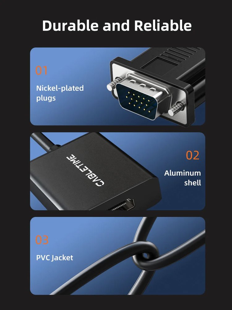 CABLETIME αντάπτορας VGA σε HDMI με 3.5mm & micro USB, 1080p/60Hz, μαύρος - Image 3