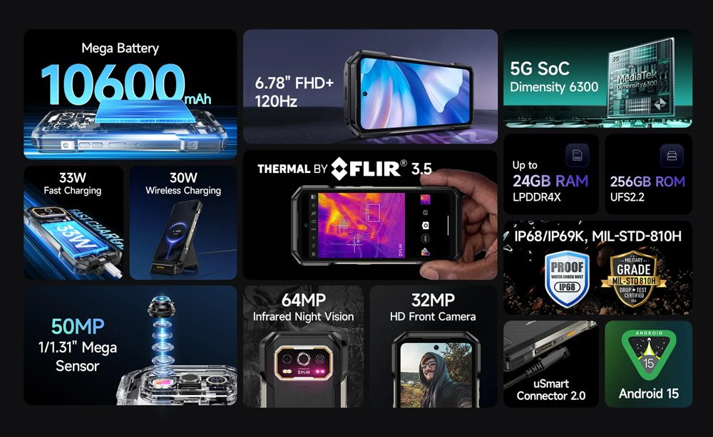 ULEFONE smartphone rmor 27T Pro Plus, 6.78", 12/256GB, 5G, 10600mh, FLIR 3.5, IP68/IP69K, μαύρο - Image 3