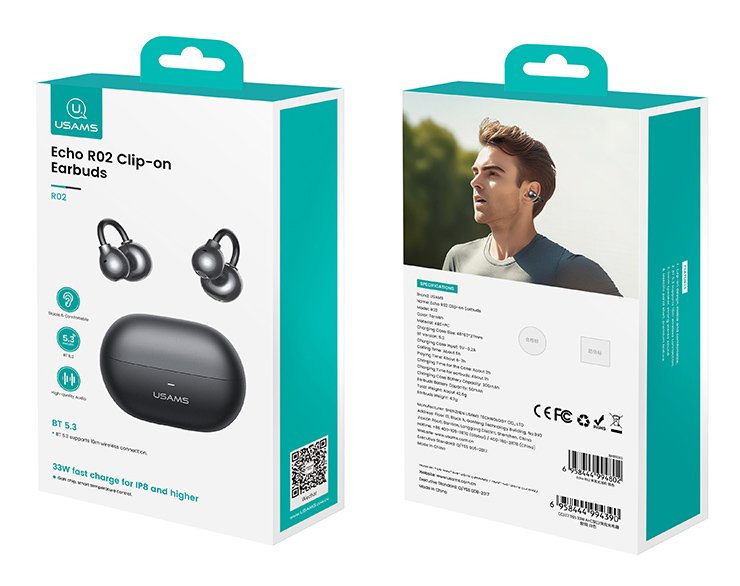 USAMS earphones με θήκη φόρτισης Echo R02, OWS, Φ11mm, 50/300mAh, μαύρα - Image 8
