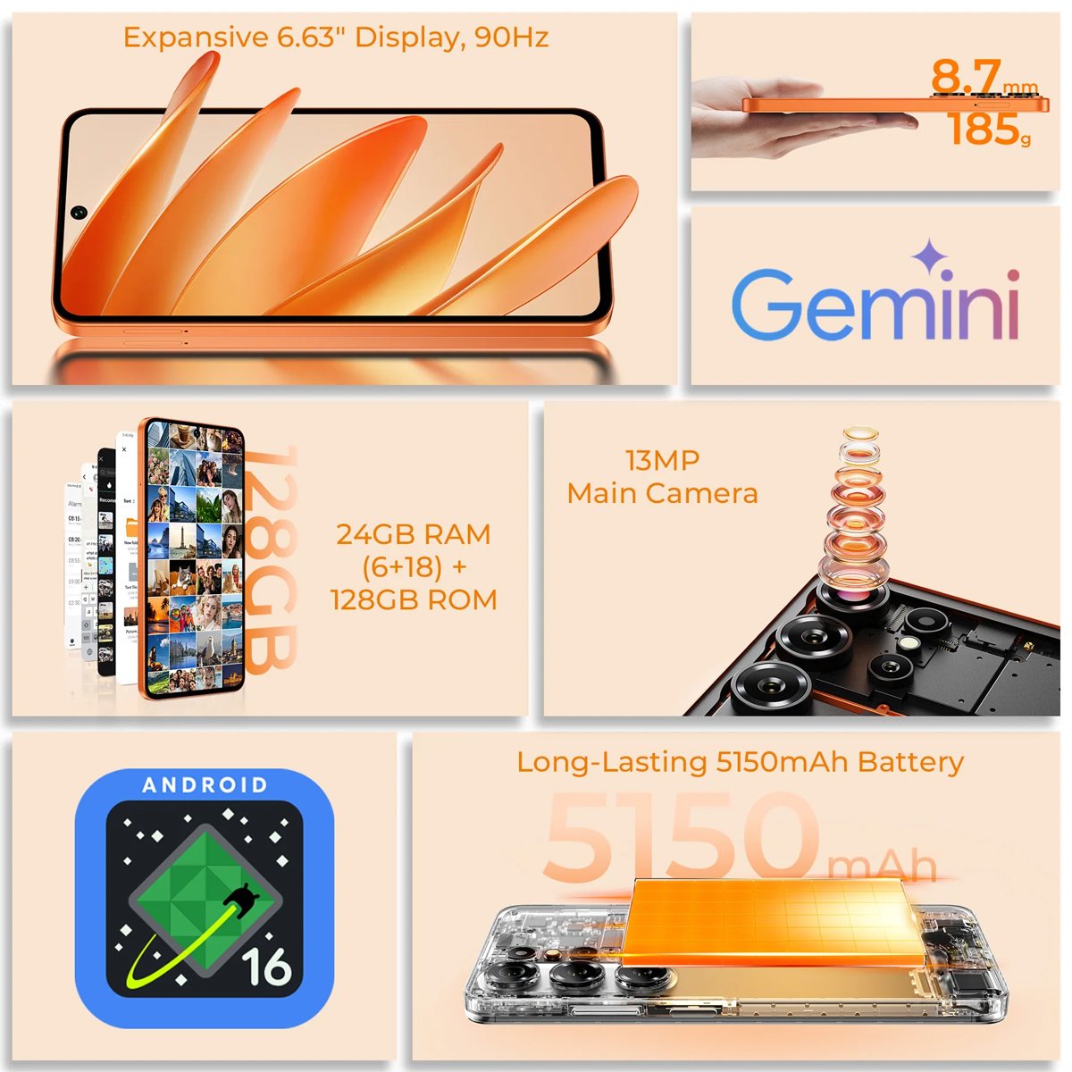 OUKITEL smartphone , 6.63", 6/128GB, 5150mAh, πορτοκαλί - Image 2